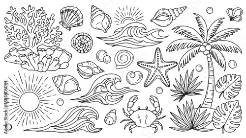 Cute smiling sea animals doodle illustrations set for children. Vector nautical colorless drawings for coloring book