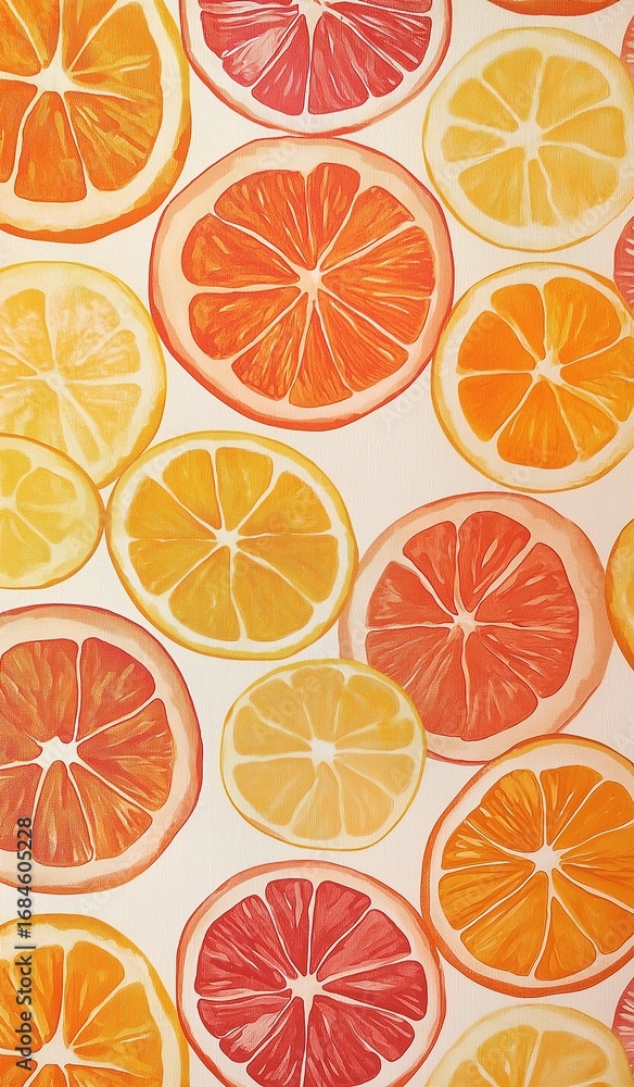 Obraz premium Playful watercolor citrus slices pattern with oranges and lemons in vibrant orange and yellow tones on off-white background, lively design for fabric or wallpaper