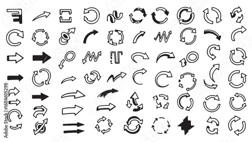 Conjunto de iconos de flechas de diferentes estilos. Flecha de rotación, doble flecha, subir, descargar. Ilustración vectorial 
