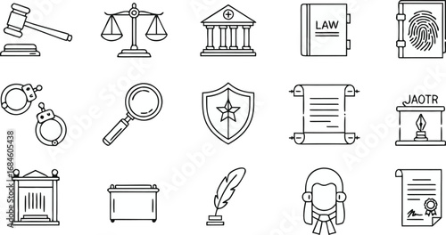 Explore justice concepts with these essential legal icons: gavel, scales, courthouse, law book, fingerprint, handcuffs, magnifying glass, shield, scroll, inkwell, wig, and certificate.