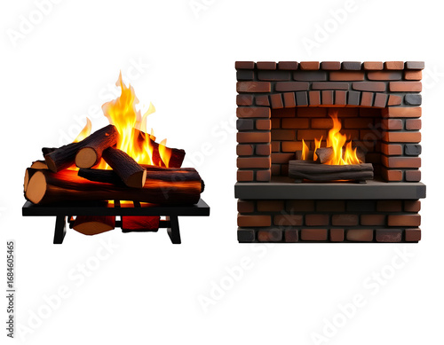Fireplace Renderings Burning Logs and Brick Hearth