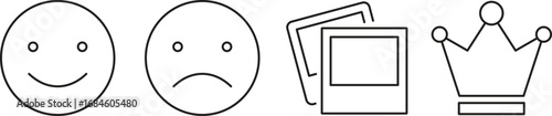 Simple Line Art Icons Happy Sad Photos and Crown on White Background