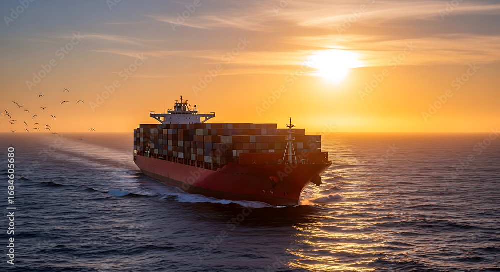 Fototapeta premium Massive container ship sails across vast ocean at golden sunset, seagulls fly alongside