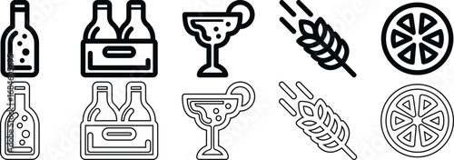Black and White Outline Icons of Beverages Grain and Citrus Fruit