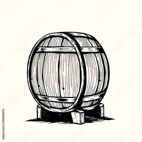 Hand Drawn Old Wooden Wine Barrel Vector Illustration. Whiskey. Brandy