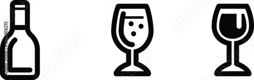 Wine Bottle and Glasses Icon Set in Black and White