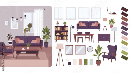 Isometric Living Room Furniture Set | Cozy Home Interior Design Elements for Room Planning, Decorating and Architectural Visualization