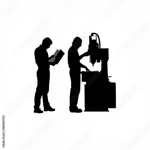 Technician with manual by cnc machine silhouette