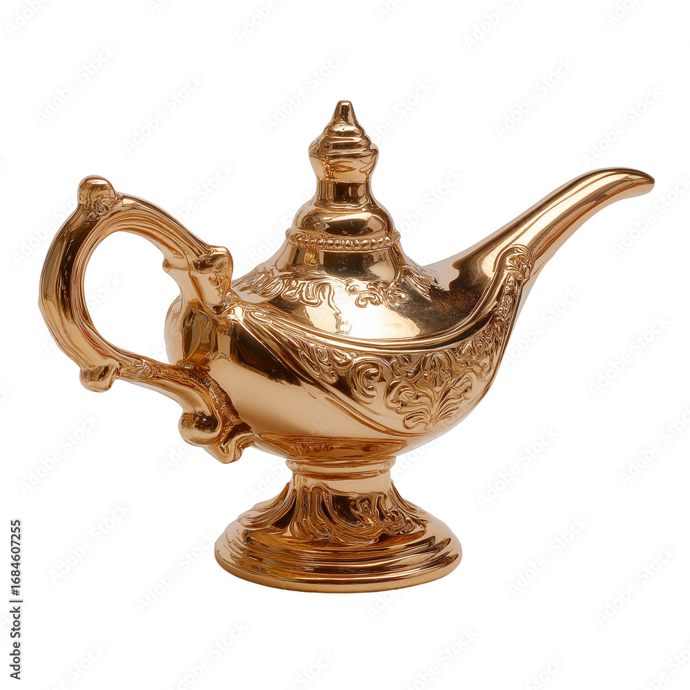 Fototapeta premium Decorative brass lamp with intricate design displayed on a wooden table in a cozy living room setting