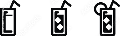 Three stylized black and white drink icons with straws and ice