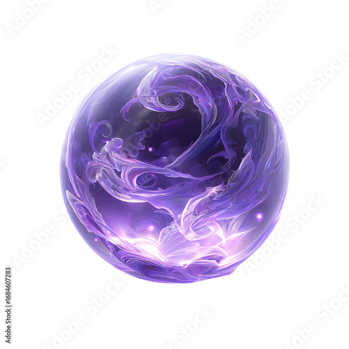 Ethereal purple orb with swirling patterns and glowing elements against a white background  PNG image, transparent background