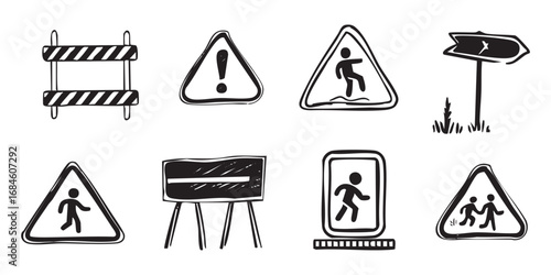 Road signs and warning symbols hand drawn doodle collection vector illustration