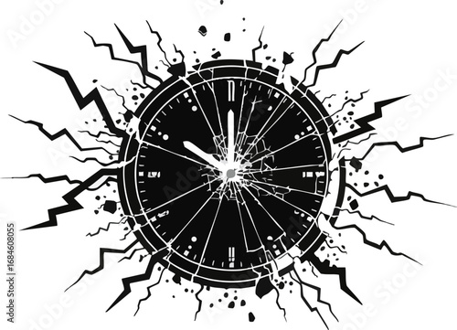 Monochrome graphic of a shattered clock face, symbolizing the destruction of time, stress, or a deadline.