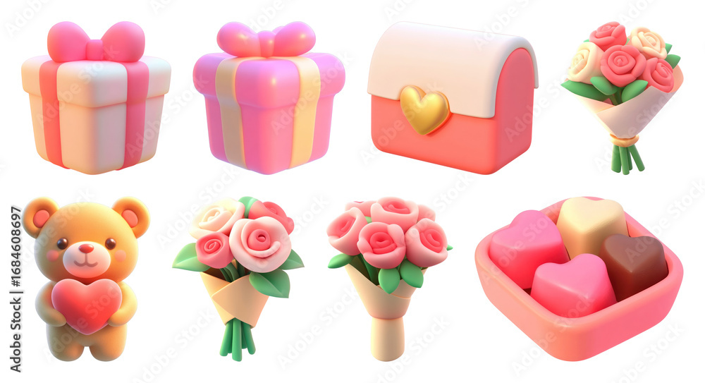 Fototapeta premium PNG Cute pastel gifts and flowers, element set on transparent background