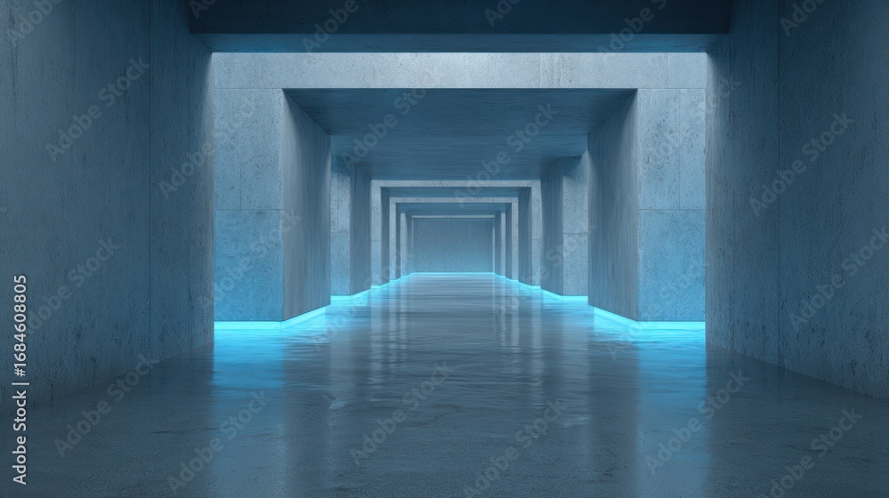 Fototapeta premium Modern Abstract Corridor with Neon Blue Light and Concrete Walls