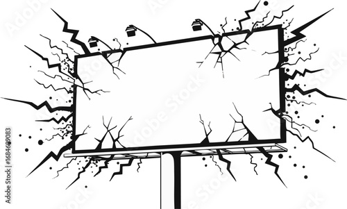 Shattered billboard, cracked surface, streetlights, urban decay, graphic design.