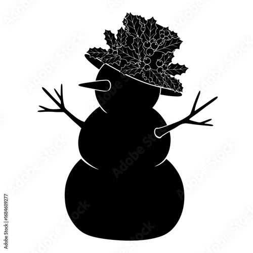 Black snowman with holly hat and stick arms