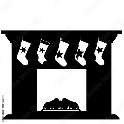 Christmas fireplace with stockings and stars