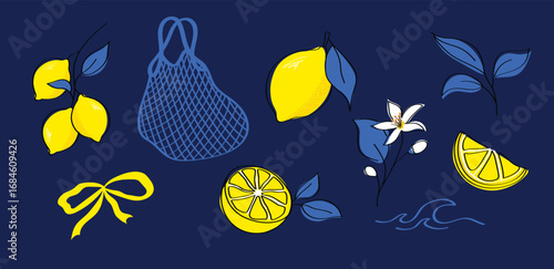 Set of lemon design elements in modern flat style. Whole lemons, slices, leaves, flowers, and eco mesh bag in bright yellow and blue for decoration, packaging, and kitchen prints