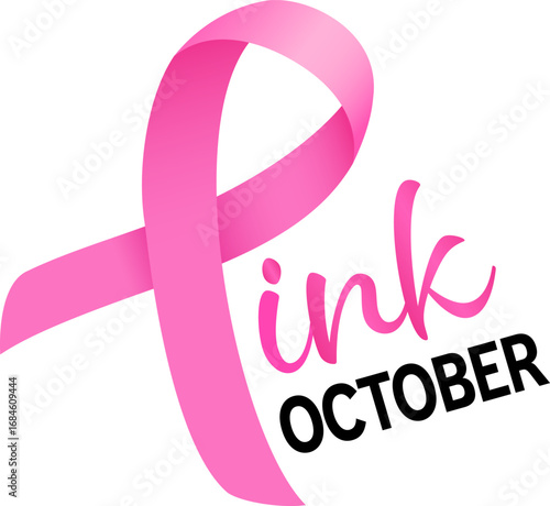 Pink October breast cancer emblem sign for awareness month with pink ribbon symbol. Vector illustration.