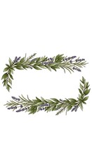 Rectangular Frame of Watercolor Lavender and Bay Leaves on White Background
