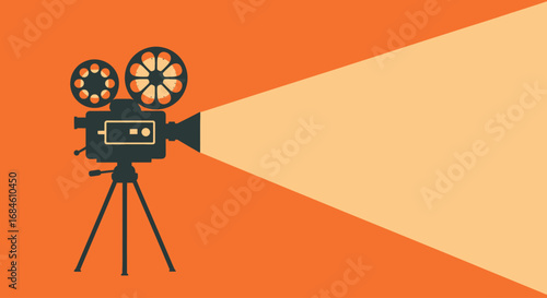 A vintage movie camera silhouette projects a warm beam of light against an orange background, symbolizing the timeless magic of cinematic storytelling.