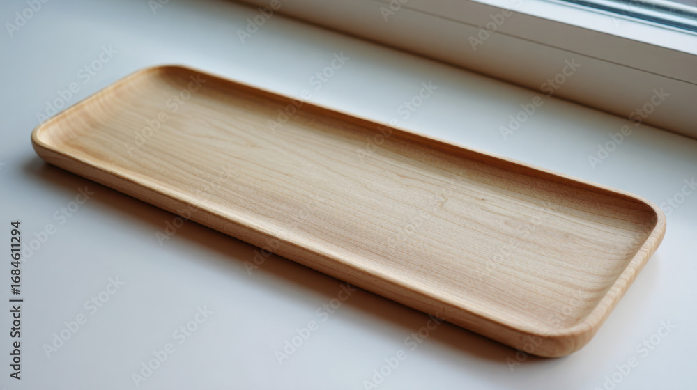 Fototapeta premium Rectangular wooden serving tray with smooth natural finish placed by window light