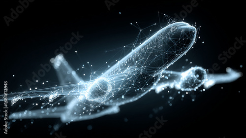Digital representation of an airplane with connected dots on a black background