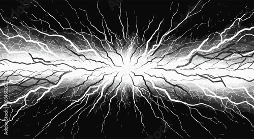 A powerful, symmetrical burst of white electrical energy radiates jagged lightning bolts from a central point on a black background.