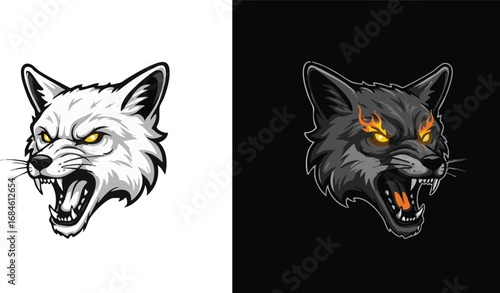 An aggressive snarling wolf head mascot with glowing eyes in two color variations, one monochrome and one colored.
