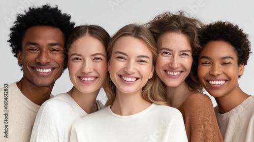 Diverse young friends with glowing clear skin smiling together closely.