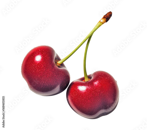 Two ripe red cherries hanging on transparent background