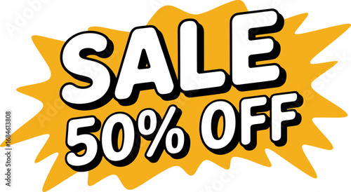 Exciting sale announcement with 50% off discount offered on bright yellow burst background.