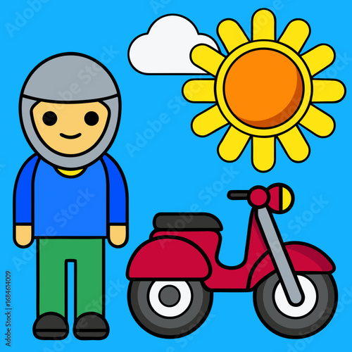 Illustration of a person with a helmet standing next to a red scooter, with a sun and cloud in the background on a blue background