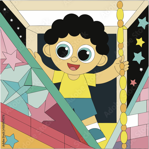 Vector art of a cheerful cartoon boy with curly hair plays on a colorful indoor playground, surrounded by stars and geometric shapes, smiling broadly