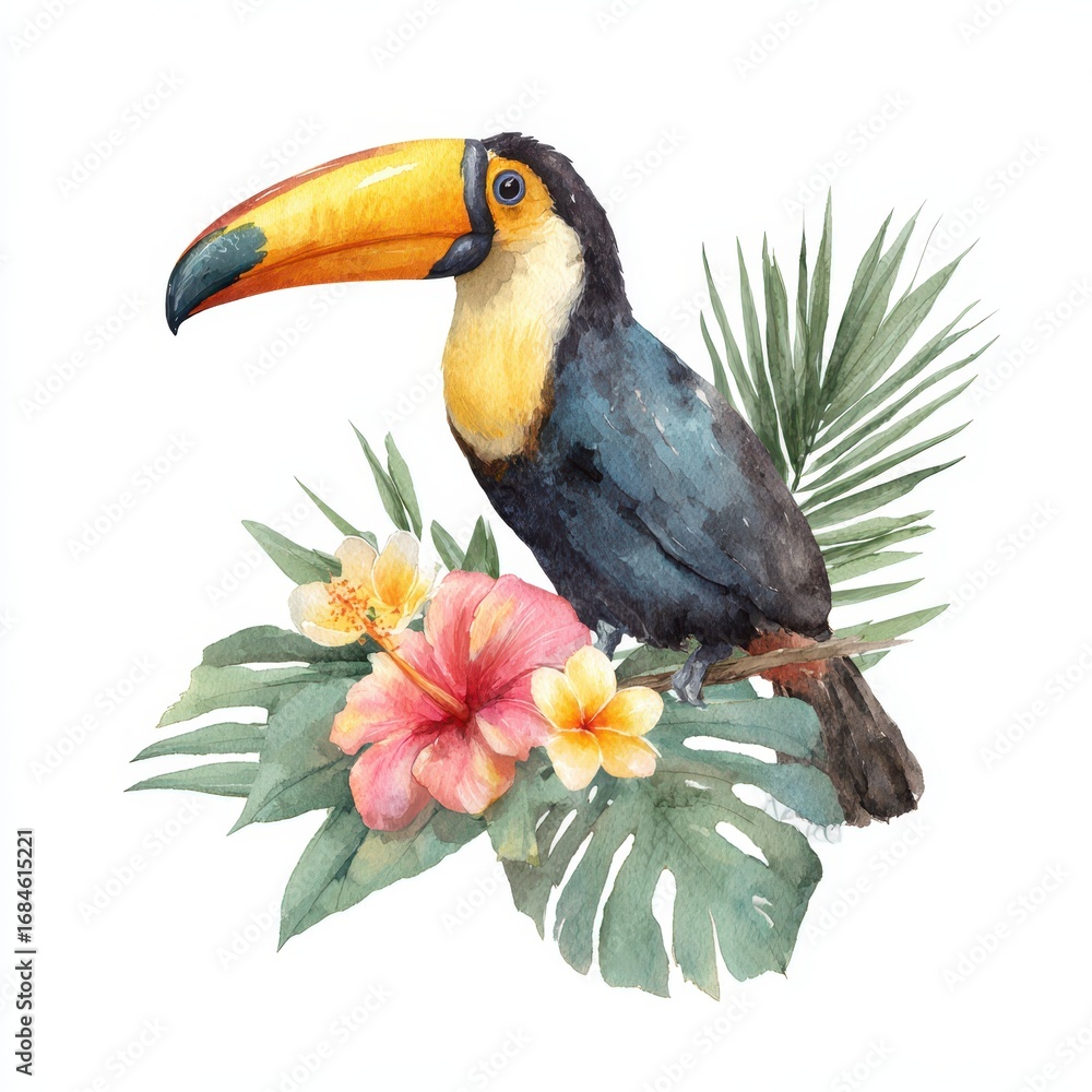 Obraz premium Toucan Clip Art. Watercolor Illustration of Exotic Bird with Tropical Palm Leaves and Flowers