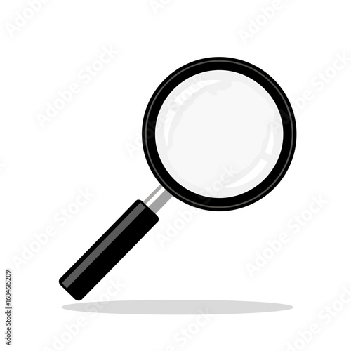 Vector illustration of a classic black magnifying glass icon, a symbol for search, research, and discovery, isolated on a white background