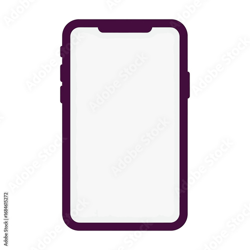 Stylized vector illustration of a mobile phone with a purple case and an empty white screen. Digital device mockup for application or web design