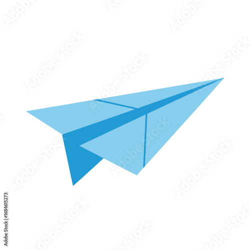 A blue paper airplane illustration flying on a white background, symbolizing communication, travel, and creative ideas