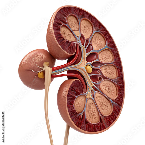 Detailed 3 D Render of Human Urinary System Kidneys Ureters and Bladder Realistic Anatomy Model with Red Beige Yellow and Blue Hues isolated on a transparent background