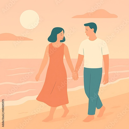 Wallpaper Mural Illustration of a Couple's Romantic Beach Stroll Torontodigital.ca