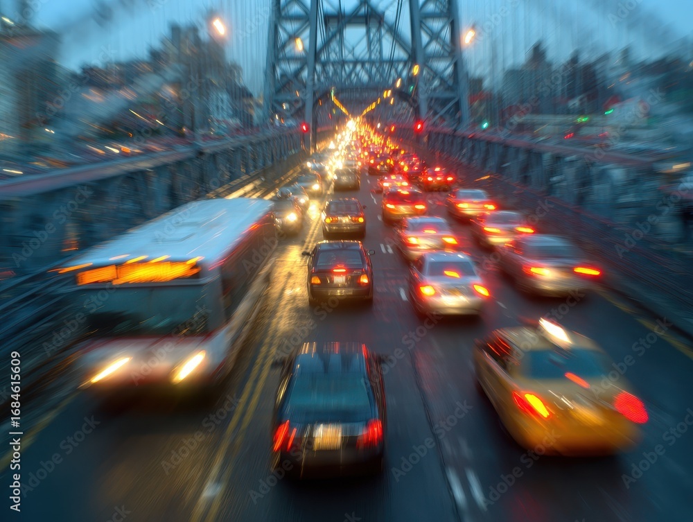 Fototapeta premium Traffic Jam New York. Rush Hour on Williamsburg Bridge with Blurred Urban Background