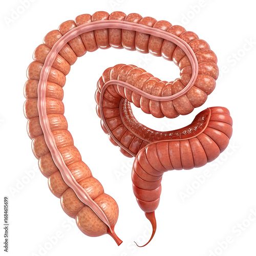 Detailed 3 D Render of a Human Large Intestine Showing Realistic Textures and Anatomy with a Section Cut Away to Reveal Internal Structure... isolated on a transparent background
