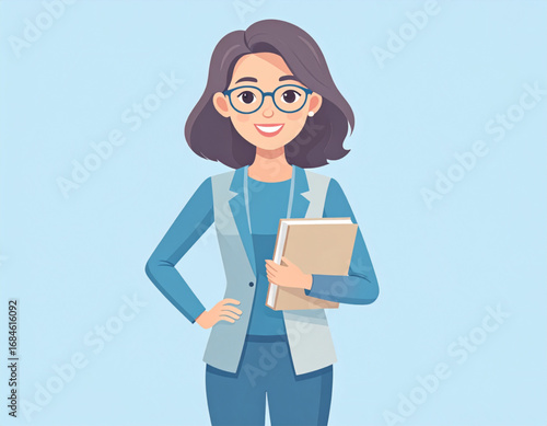Vector character of a smiling teacher woman holding a book, elegant outfit, minimalis