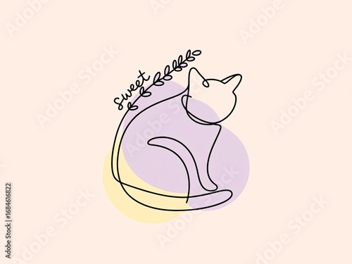 Minimalist Line Art Cat Illustration on Pastel Background
