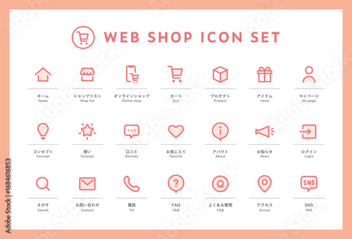 Webショップのアイコンのセット　WEBサイト　HP　オンラインストア　ネットショッピング　通販