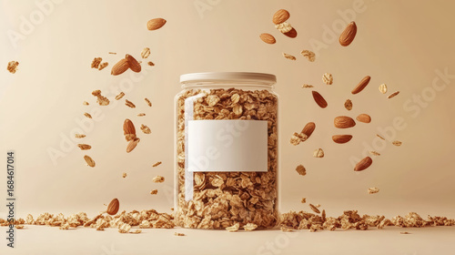 Granola jar with blank label and almond flakes floating around on beige background, natural healthy snack concept with minimalist style and soft lighting