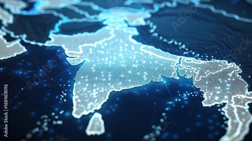 Glowing digital map of India with blue neon connections.
Futuristic technology and network visualization.
Perfect for IT, business, and global network themes. HD 4K Video