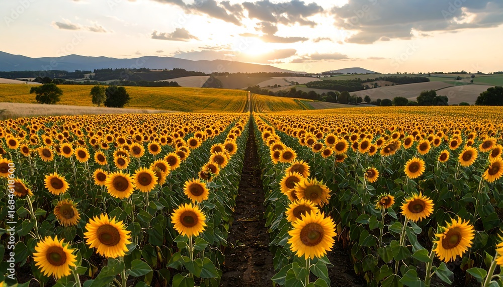 Obraz premium A vast field of sunflowers stretches towards the horizon at sunset, bathed in golden light.