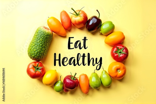 Eat Healthy Text with Circle of Fruits and Vegetables on Yellow